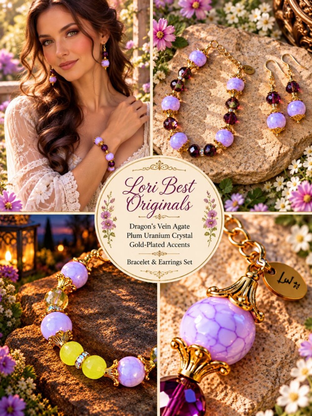 "Plum Witchlight" – Dragon’s Vein Agate & Uranium Crystal Bracelet + Earrings